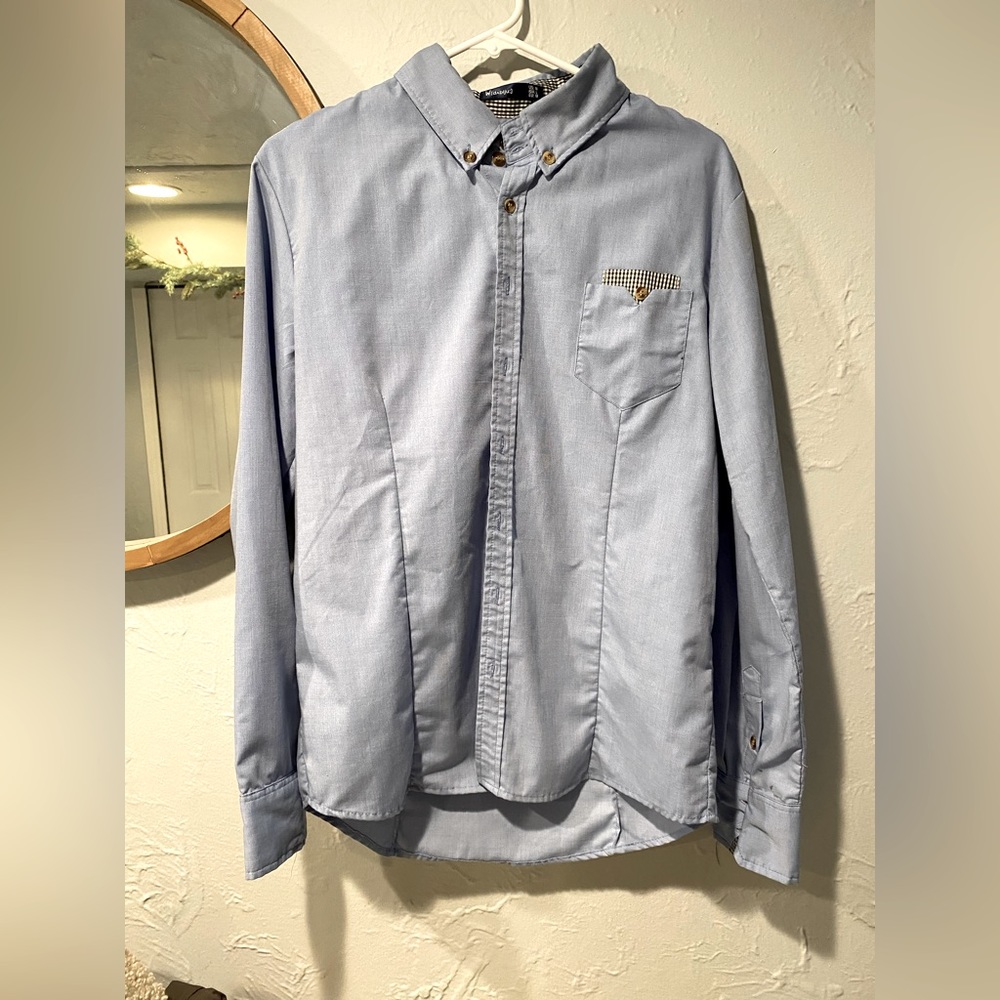 Doublju Unisex Blue Cotton Button Down Shirt with Checker Print
